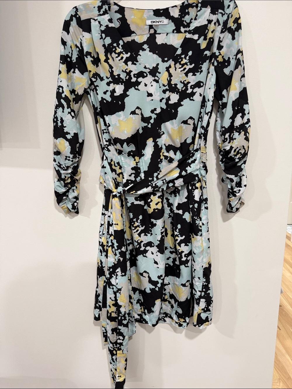 DKNY Black, Light Blue & Pale Yellow Abstract Print Faux Wrap Dress